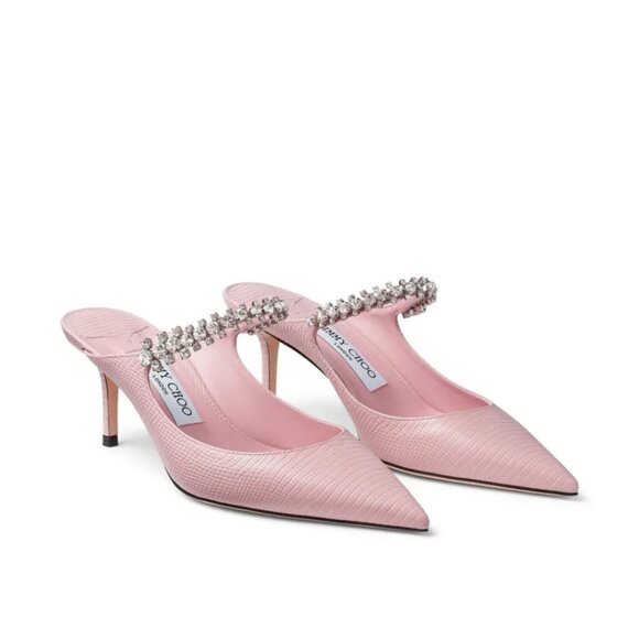 Jimmy Choo Bing 65 Mules Pink Lizard Crystal Embellished Pointed Toe Sz 37 - Picture 1 of 13